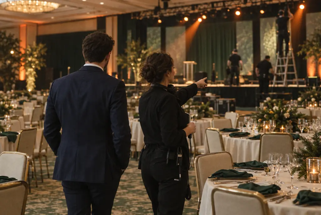 Una responsable de alianzas recorre el salón de baile de un hotel que se prepara para una gala junto al productor de la agencia, que señala hacia el escenario.