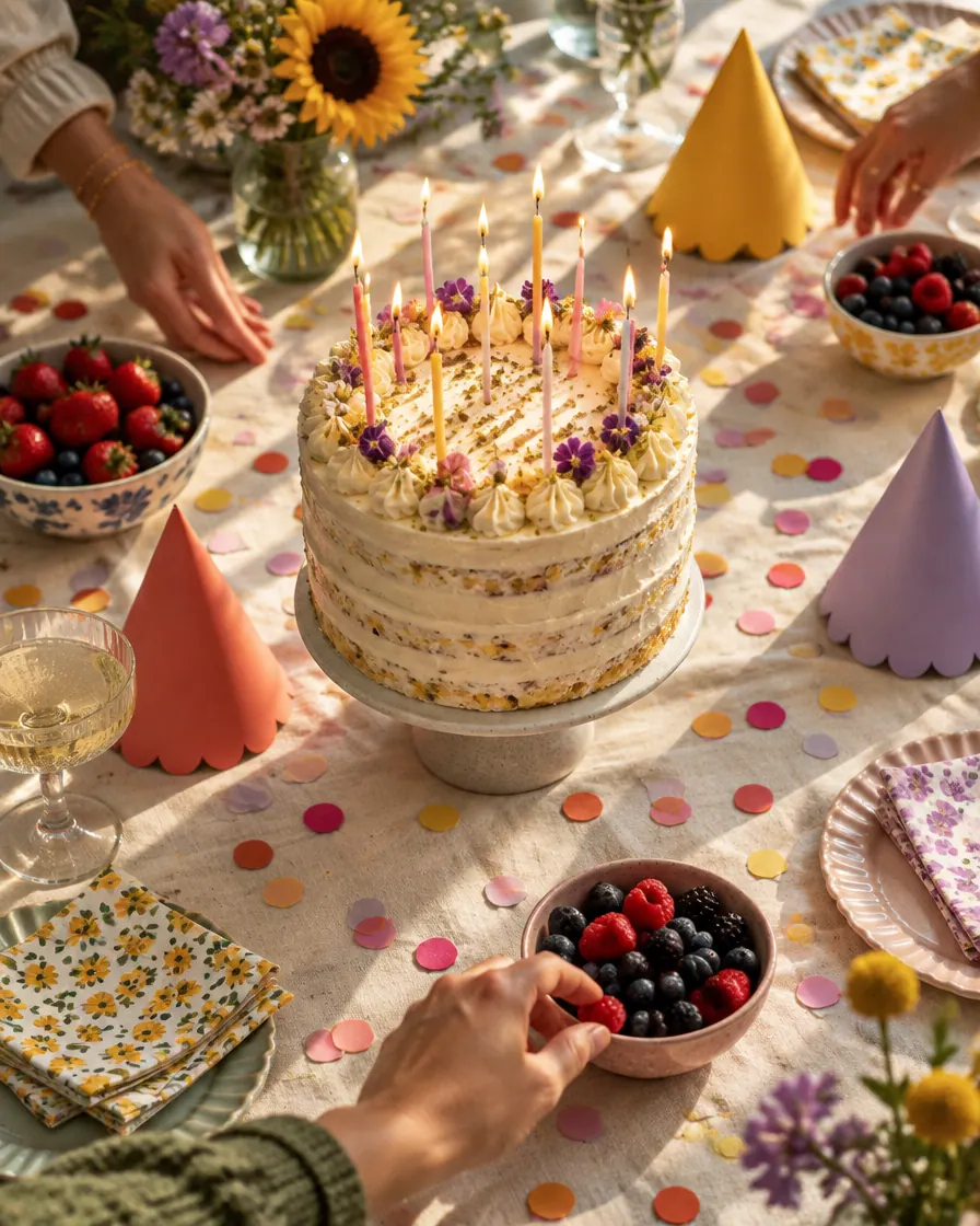 A birthday table in afternoon light with a candle-lit cake, paper hats and confetti