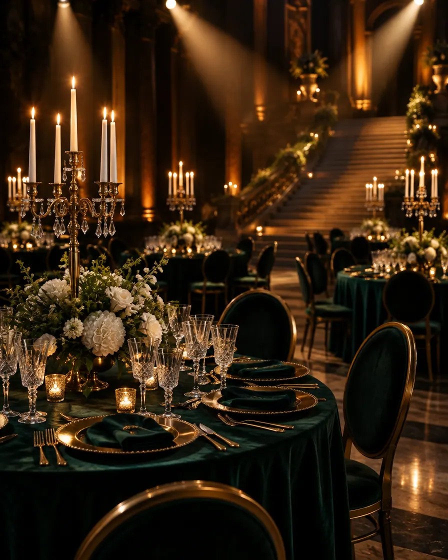 Une salle de gala aux tables de velours vert, couverts dorés et candélabres, avant l’arrivée des invités