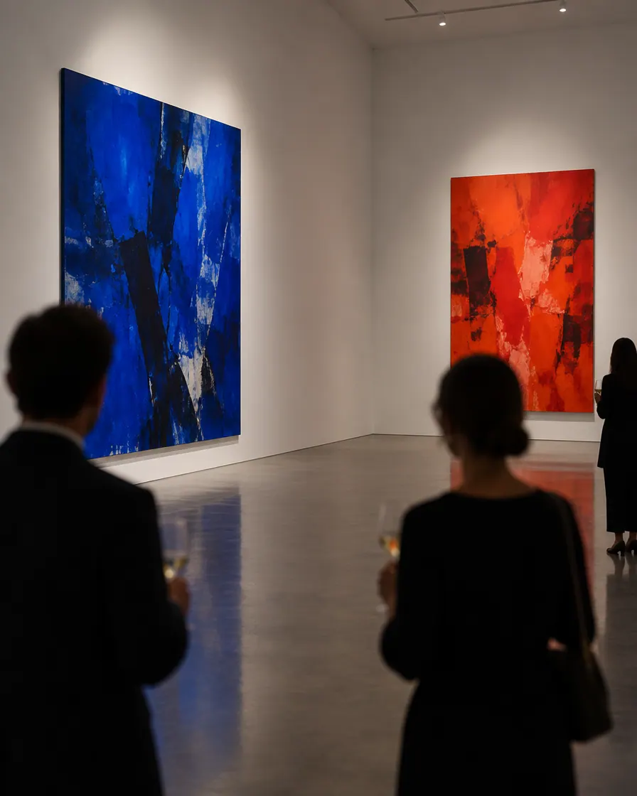 Two large abstract paintings on white gallery walls, visitors seen from behind