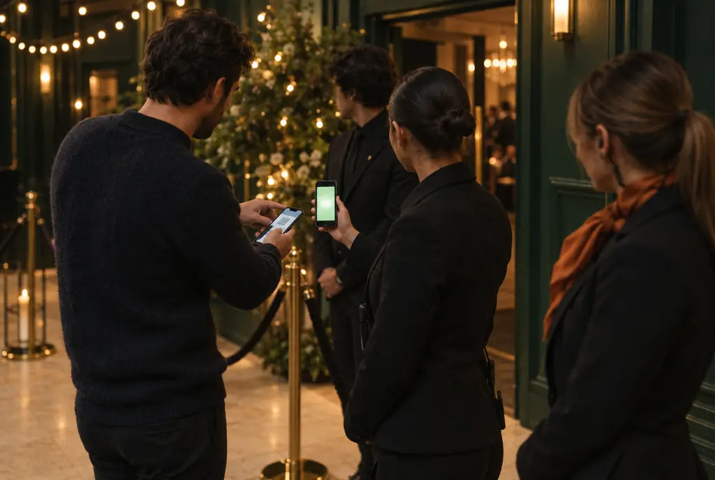 En la entrada de un recinto antes de abrir puertas, un formador muestra al personal de acceso cómo escanear con sus propios teléfonos el móvil de un invitado.