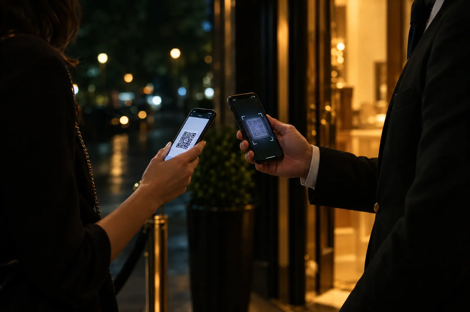 A door host scanning a guest’s phone at a warmly lit venue entrance at night.