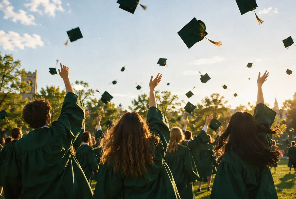 Graduates throwing their caps into the air on a sunny lawn.