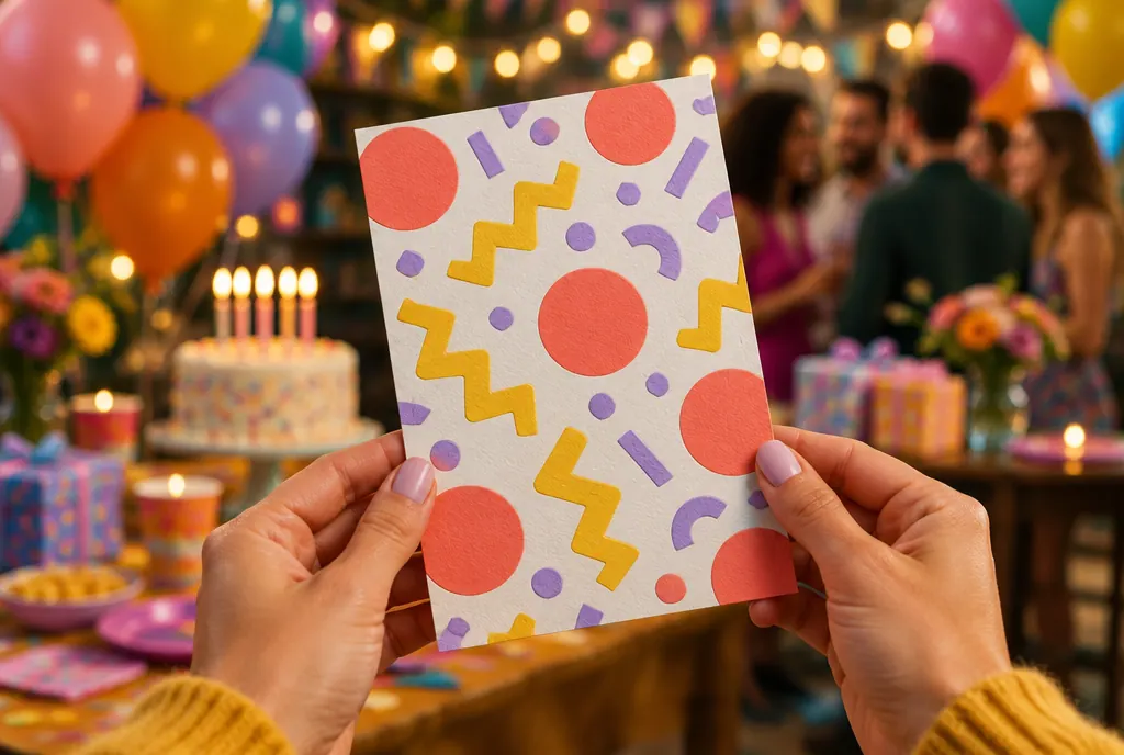 A birthday table in afternoon light with a candle-lit cake, paper hats and confetti