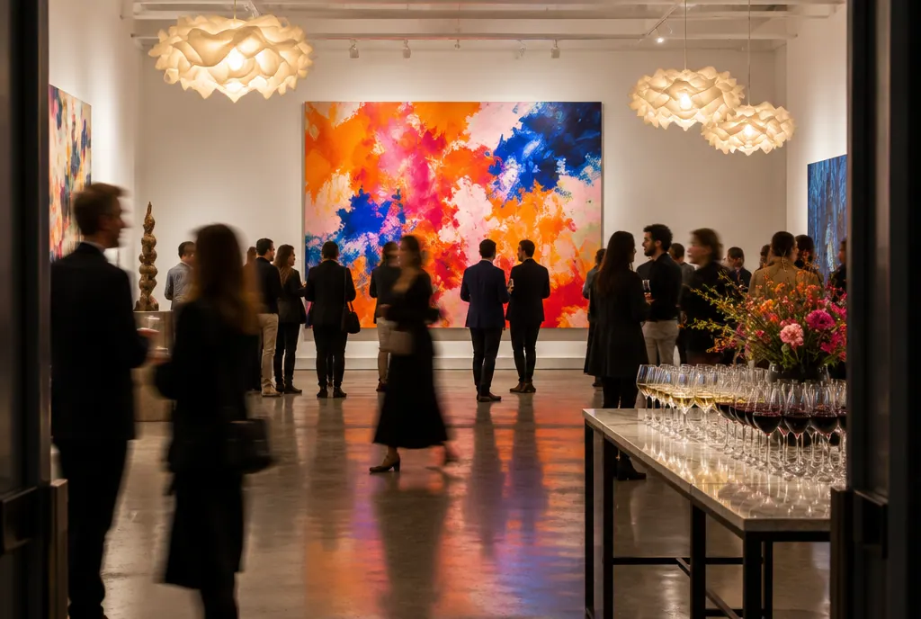 Two large abstract paintings on white gallery walls, visitors seen from behind