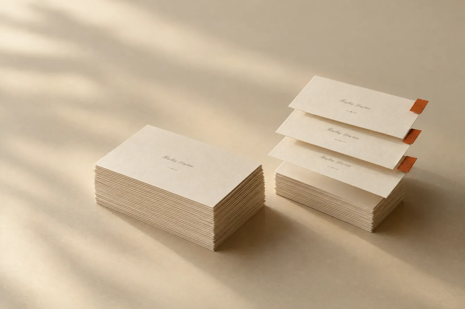 Two stacks of place cards on a table; three arriving cards marked with small orange tabs.