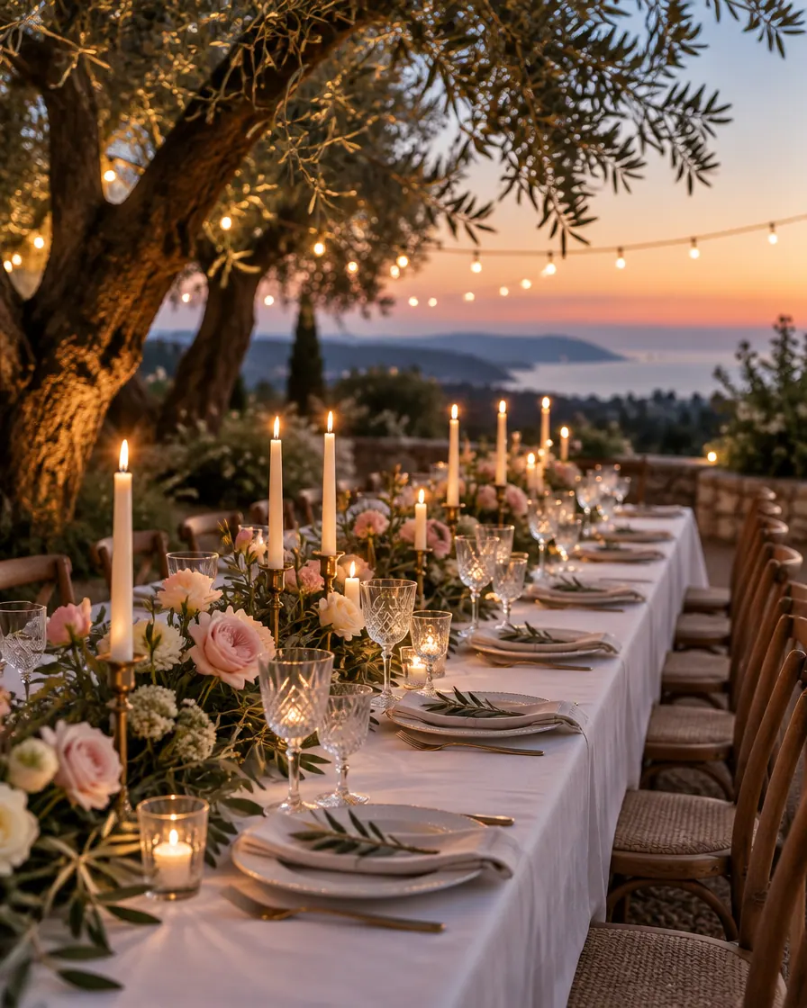 Eine lange Hochzeitstafel unter einem Olivenbaum in der Abenddämmerung, mit Kerzen und Rosen