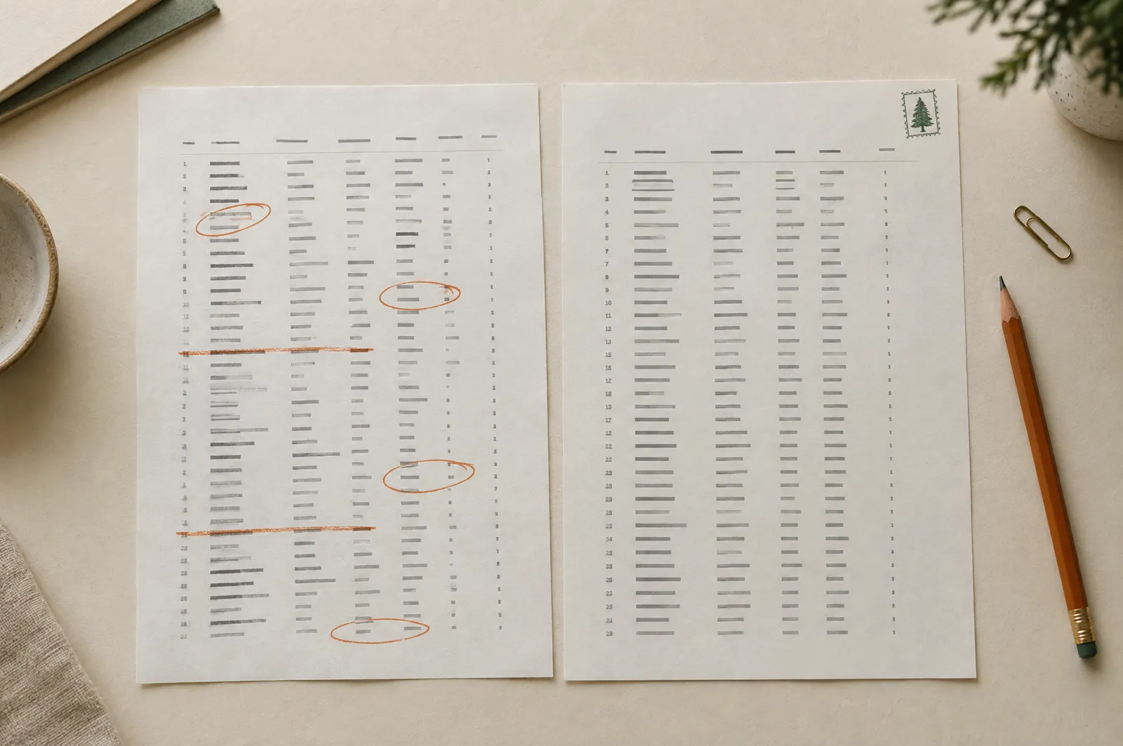 Two printed guest lists on a desk: the raw export with rows circled in pencil, and the same list reprinted clean.