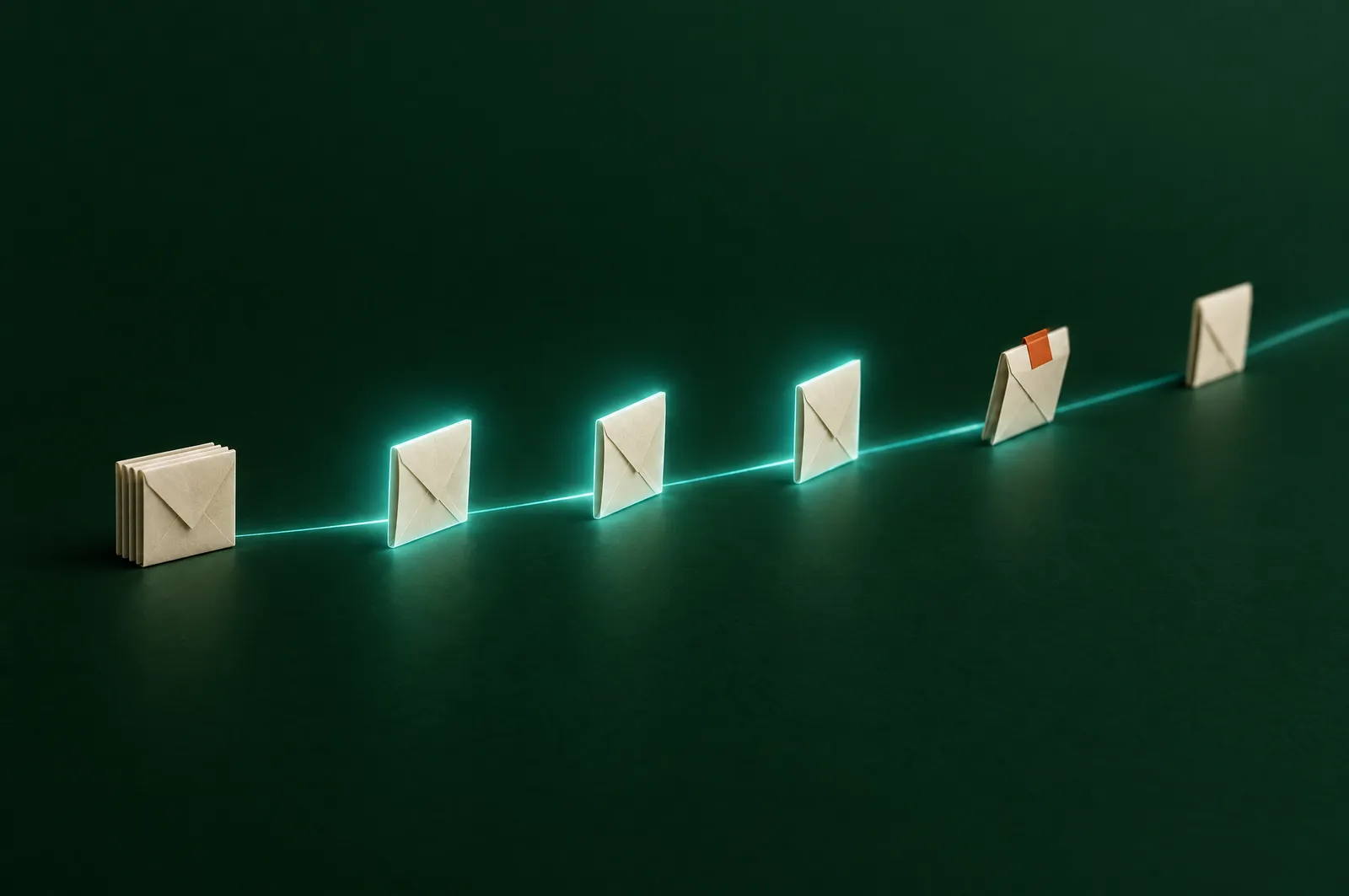 Folded paper letters travelling along a line of light across a dark green ground.