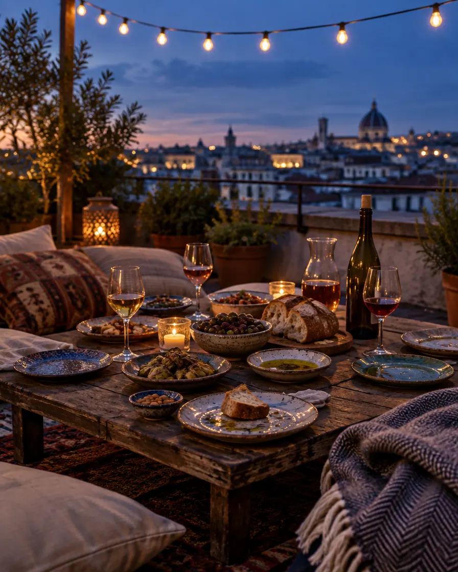 Ein Tisch auf einer Dachterrasse zur blauen Stunde unter Lichterketten, dahinter die Skyline einer Stadt