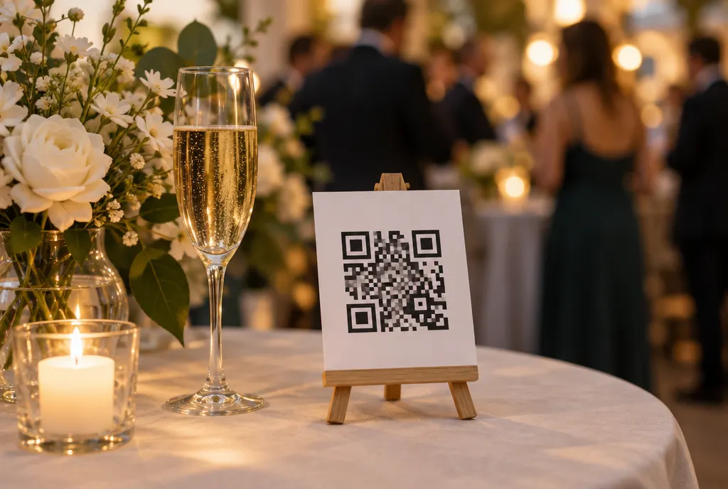 A printed QR card on a reception table beside a glass of sparkling wine.