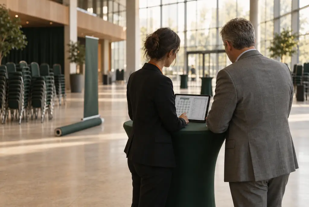 En el vestíbulo vacío de un palacio de congresos, una responsable de alianzas enseña en una tableta un plano de mesas y una lista de invitados a la directora de eventos del recinto.